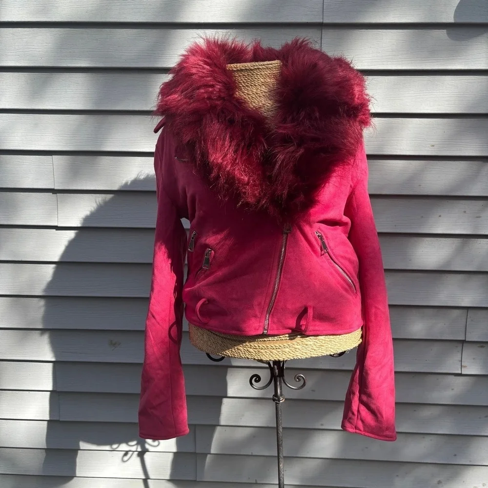 Pink Faux Suede Moto Jacket with Faux Fur Collar‎ Medium Baddy - Picture 13 of 13